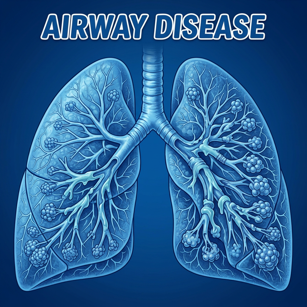 Detailed illustration of human lungs with airway structures and disease indicators