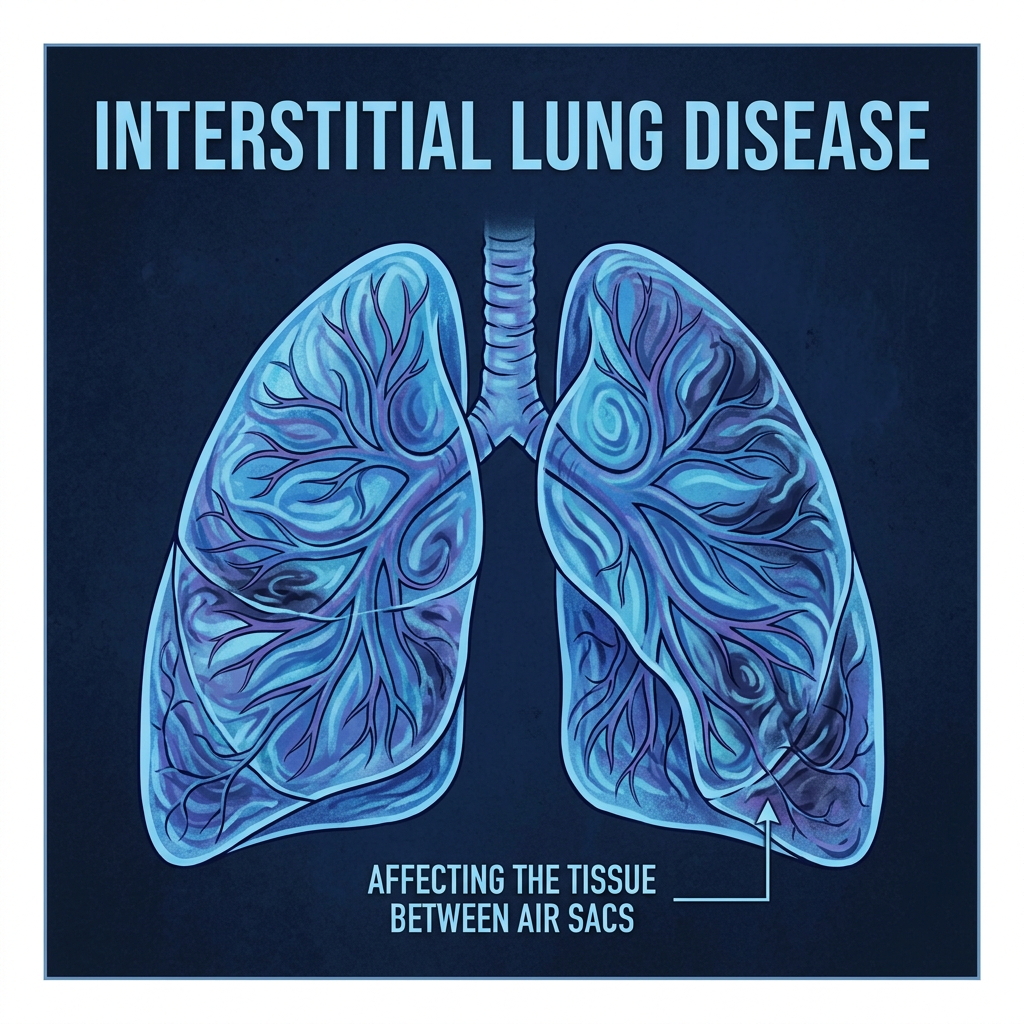 Medical illustration of lungs highlighting tissue affected by interstitial lung disease between air sacs