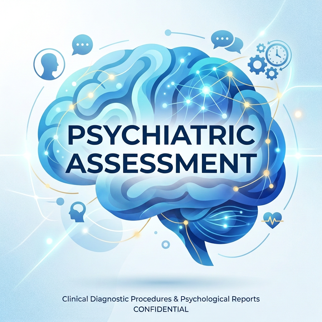 Blue brain illustration with text Psychiatric Assessment and mental health icons